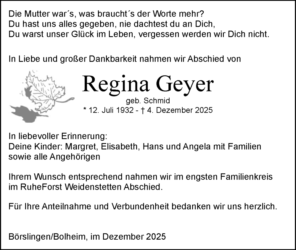  Traueranzeige für Regina Geyer vom 27.12.2025 aus SÜDWEST PRESSE Ausgabe Ulm/Neu-Ulm