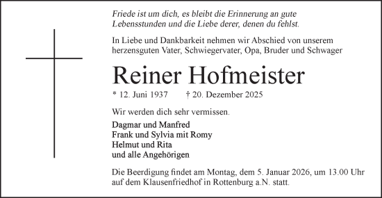 Traueranzeige von Reiner Hofmeister von Schwäbische Tagblatt