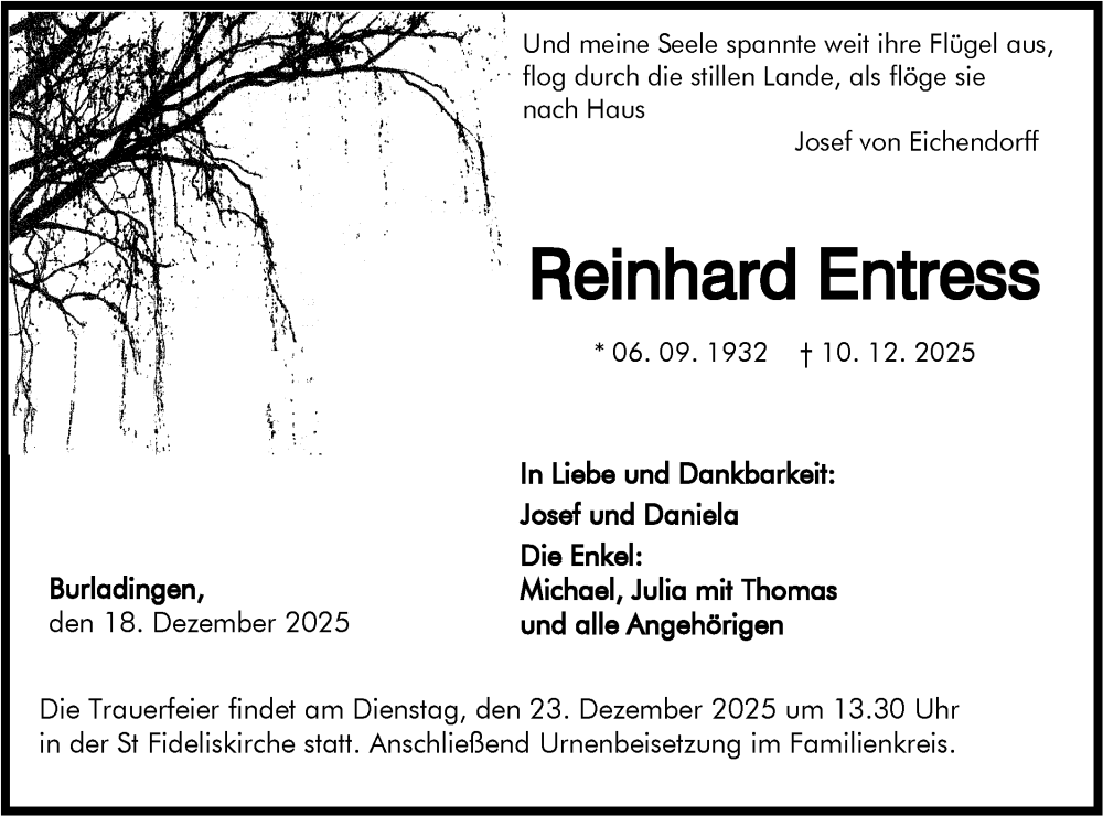  Traueranzeige für Reinhard Entress vom 18.12.2025 aus SÜDWEST PRESSE Zollernalbkreis/Hohenzollerische Zeitung