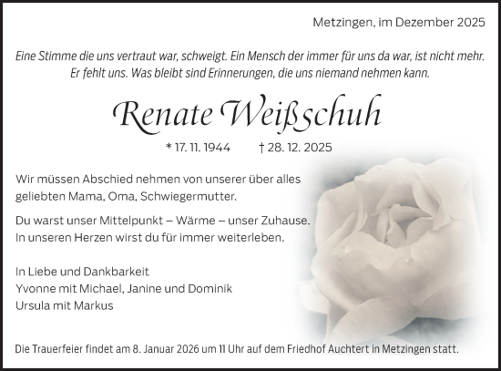 Traueranzeige von Renate Weißschuh von Alb-Bote/Metzinger-Uracher Volksblatt