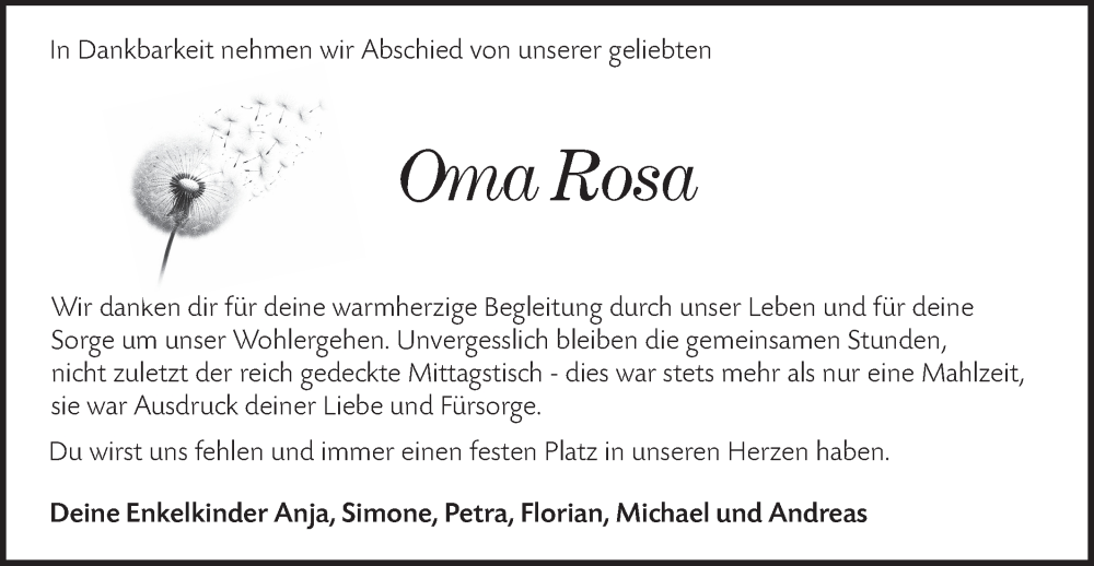  Traueranzeige für Rosa  vom 29.12.2025 aus Hohenloher Tagblatt