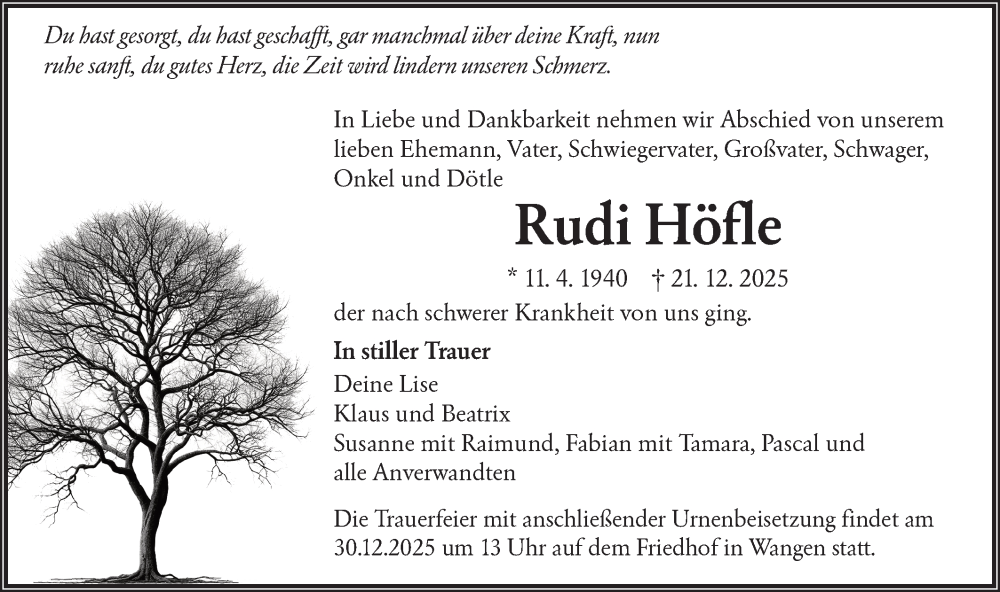  Traueranzeige für Rudi Höfle vom 27.12.2025 aus NWZ Neue Württembergische Zeitung
