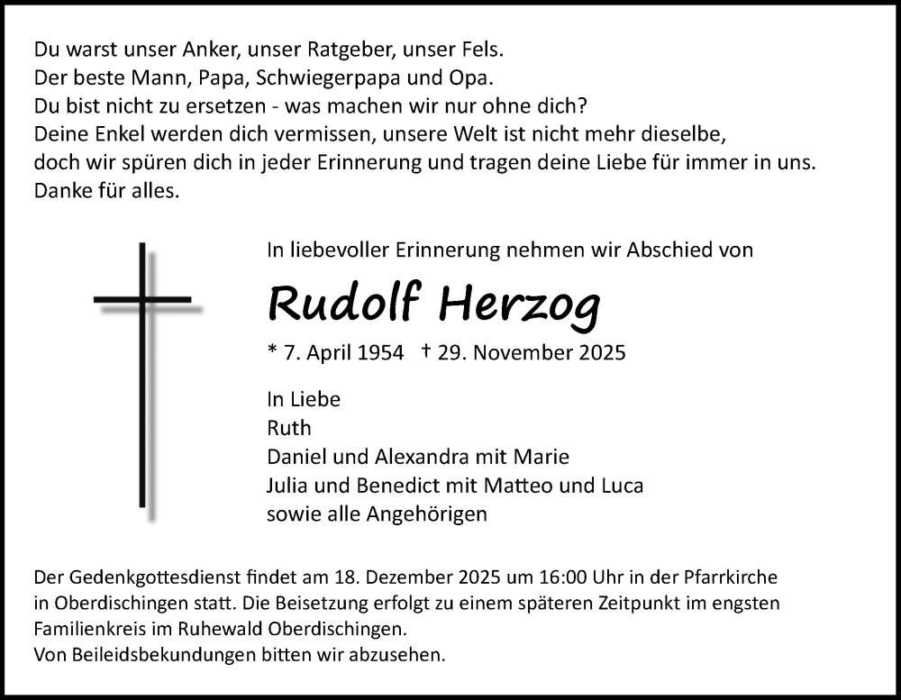  Traueranzeige für Rudolf Herzog vom 13.12.2025 aus SÜDWEST PRESSE Ausgabe Ulm/Neu-Ulm