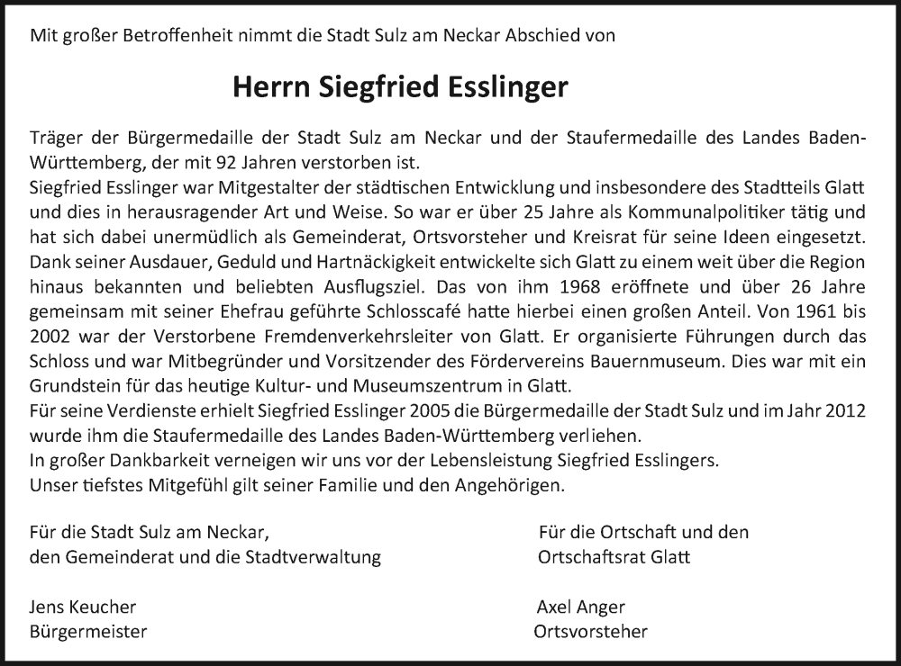  Traueranzeige für Siegfried Esslinger vom 08.12.2025 aus Neckar-Chronik