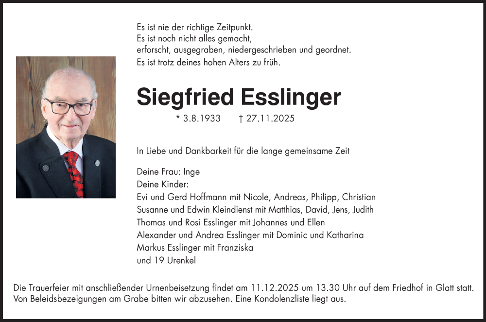  Traueranzeige für Siegfried Esslinger vom 08.12.2025 aus Neckar-Chronik