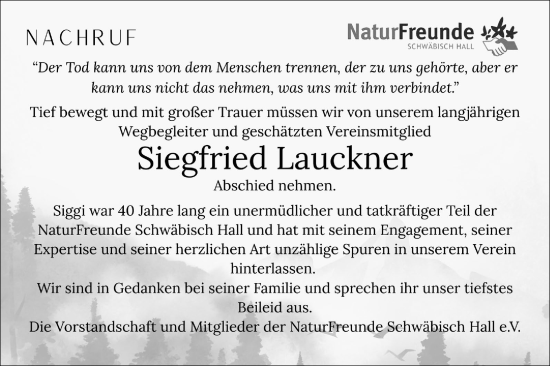 Traueranzeige von Siegfried Lauckner von Haller Tagblatt