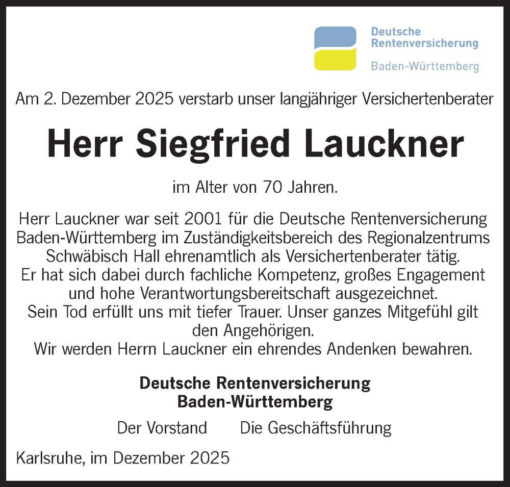  Traueranzeige für Siegfried Lauckner vom 10.12.2025 aus Haller Tagblatt