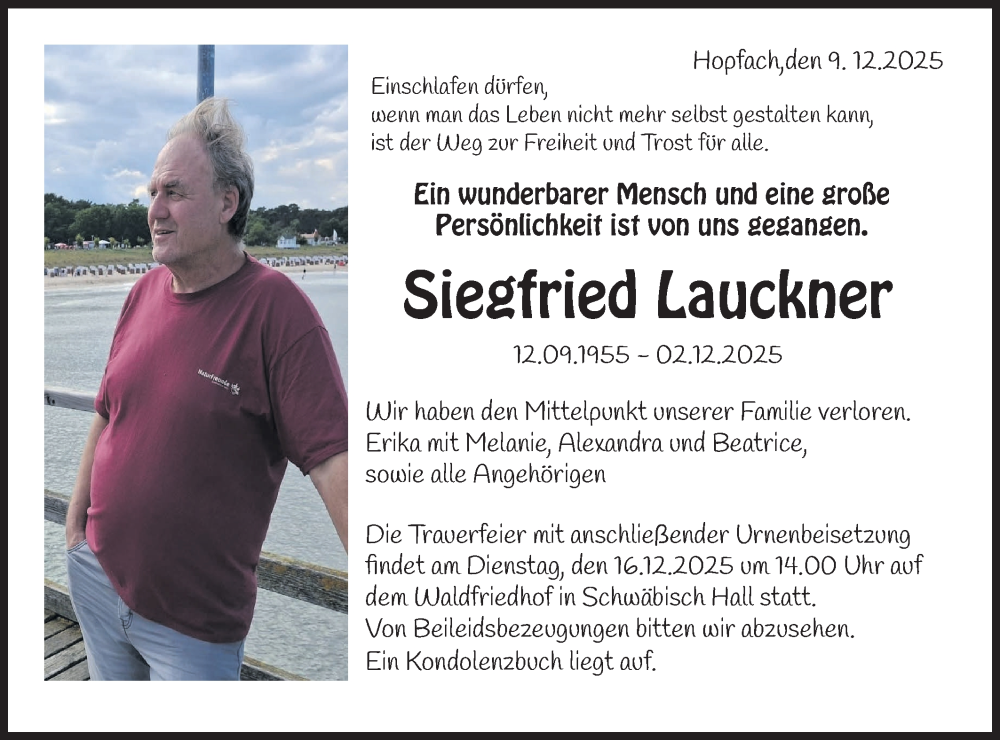  Traueranzeige für Siegfried Lauckner vom 09.12.2025 aus Haller Tagblatt
