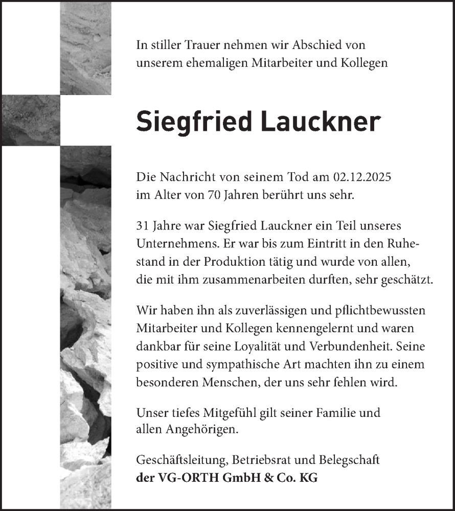  Traueranzeige für Siegfried Lauckner vom 20.12.2025 aus Haller Tagblatt/Haller Tagblatt