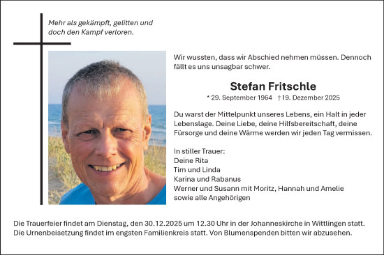 Traueranzeige von Stefan Fritschle von Alb-Bote/Metzinger-Uracher Volksblatt