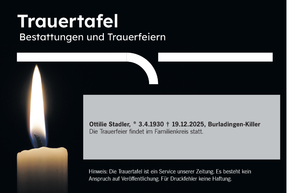  Traueranzeige für Totentafel vom 27.12.2025 vom 27.12.2025 aus SÜDWEST PRESSE Zollernalbkreis/Hohenzollerische Zeitung