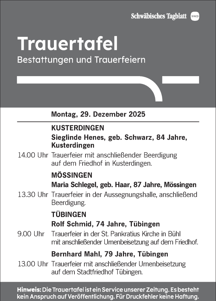  Traueranzeige für Trauertafel vom 29.12.2025 vom 29.12.2025 aus Schwäbische Tagblatt