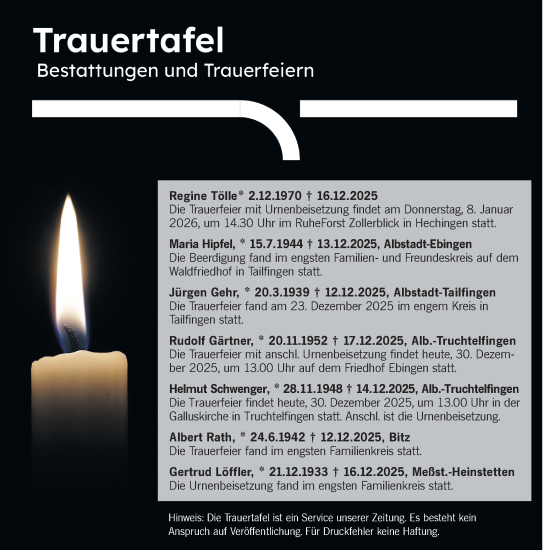 Traueranzeige von Trauertafel vom 30.12.2025 von SÜDWEST PRESSE Zollernalbkreis/Hohenzollerische Zeitung
