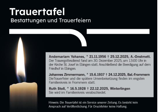 Traueranzeige von Trauertafel vom 31.12.2025 von SÜDWEST PRESSE Zollernalbkreis/Hohenzollerische Zeitung