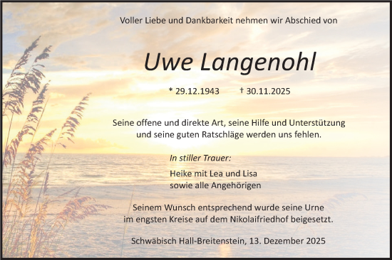 Traueranzeige von Uwe Langenohl von Haller Tagblatt