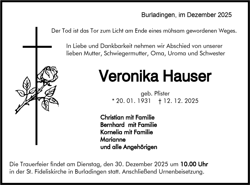  Traueranzeige für Veronika Hauser vom 22.12.2025 aus SÜDWEST PRESSE Zollernalbkreis/Hohenzollerische Zeitung