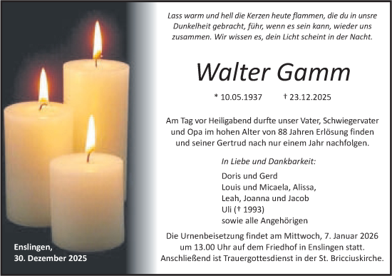 Traueranzeige von Walter Gamm von Haller Tagblatt