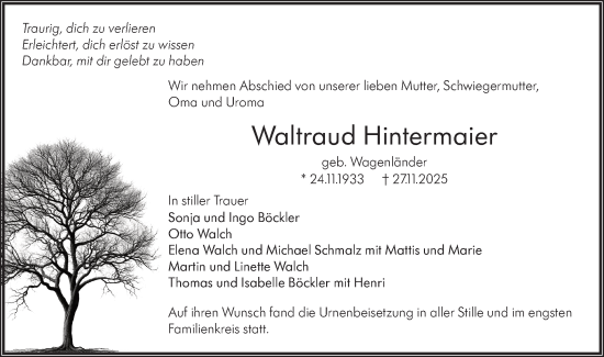 Traueranzeige von Waltraud Hintermaier von Hohenloher Tagblatt