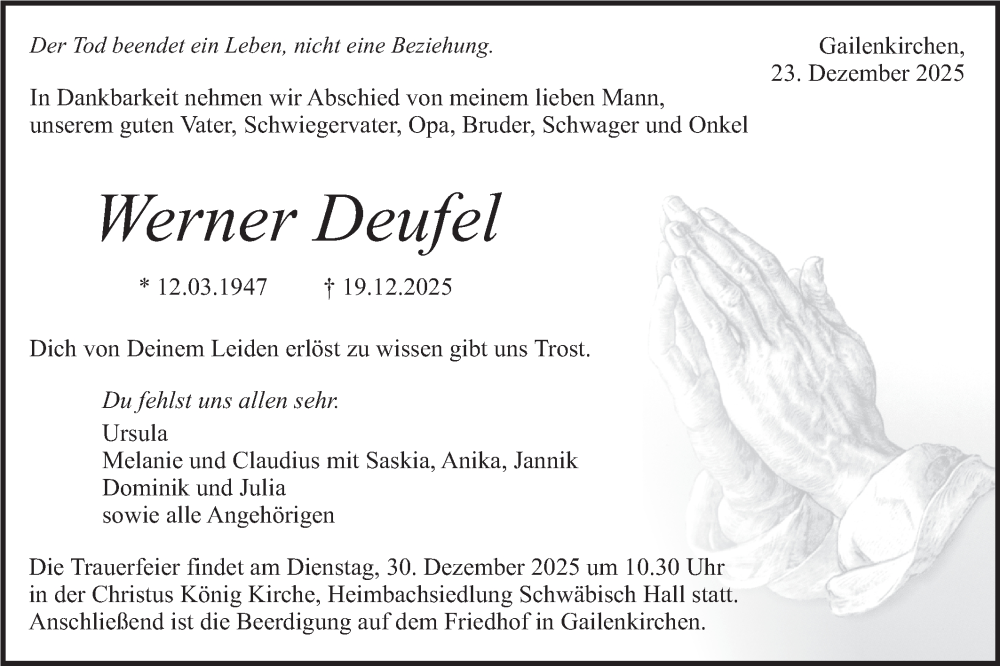  Traueranzeige für Werner Deufel vom 23.12.2025 aus Haller Tagblatt