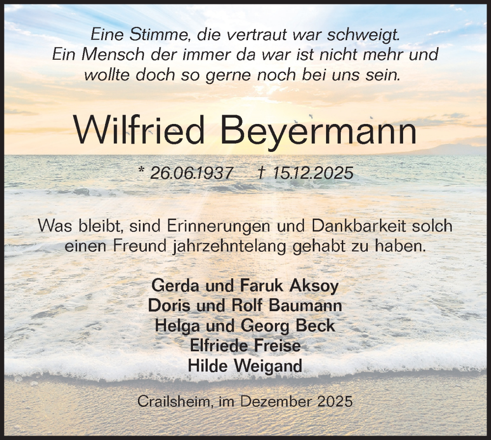  Traueranzeige für Wilfried Beyermann vom 24.12.2025 aus Hohenloher Tagblatt