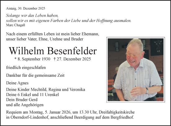 Traueranzeige von Wilhelm Besenfelder von SÜDWEST PRESSE Zollernalbkreis/Hohenzollerische Zeitung