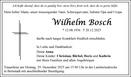 Traueranzeige von Wilhelm Bosch von SÜDWEST PRESSE Ausgabe Ulm/Neu-Ulm