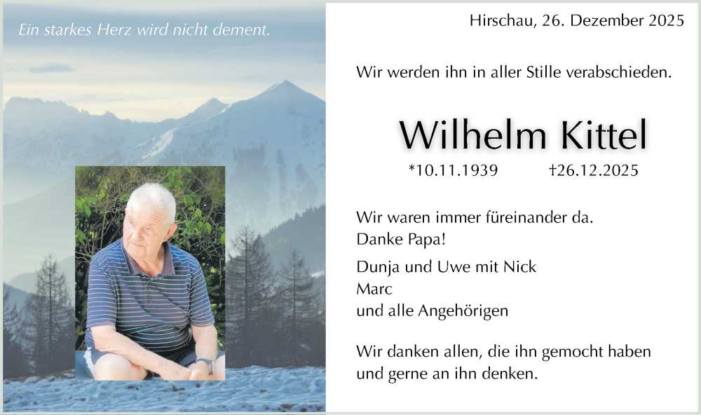  Traueranzeige für Wilhelm Kittel vom 30.12.2025 aus Schwäbische Tagblatt