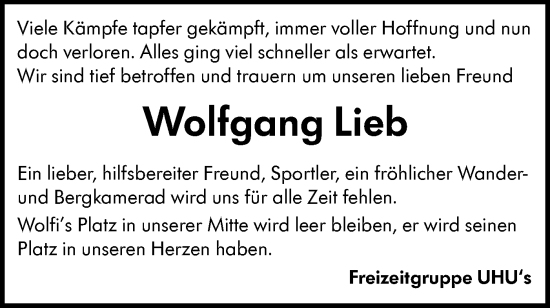 Traueranzeige von Wolfgang Lieb von Alb-Bote/Metzinger-Uracher Volksblatt