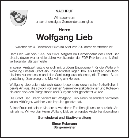 Traueranzeige von Wolfgang Lieb von Alb-Bote/Metzinger-Uracher Volksblatt