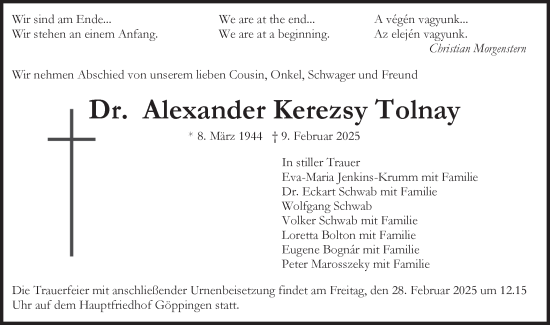 Traueranzeige von Alexander Kerezsy Tolnay von NWZ Neue Württembergische Zeitung