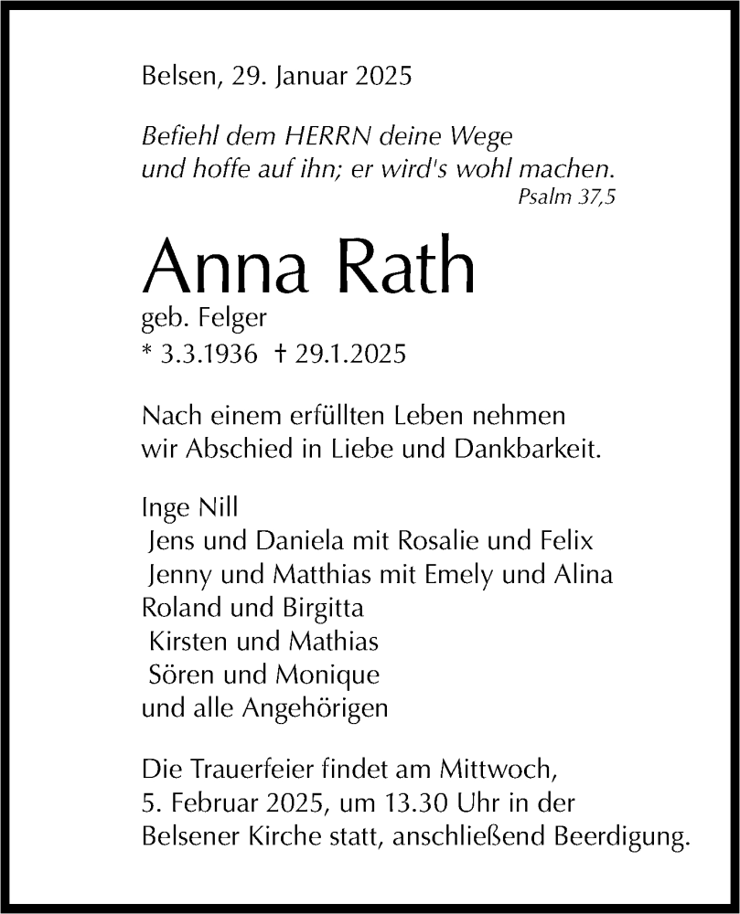  Traueranzeige für Anna Rath vom 01.02.2025 aus Schwäbische Tagblatt