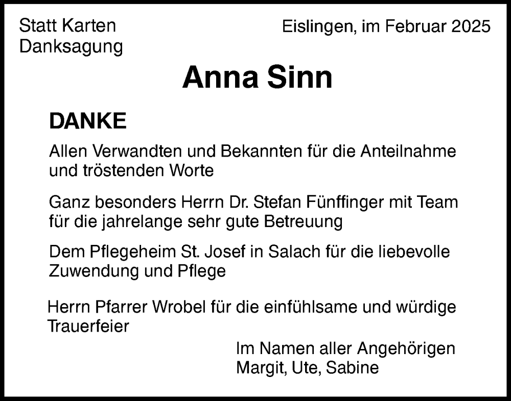  Traueranzeige für Anna Sinn vom 15.02.2025 aus NWZ Neue Württembergische Zeitung