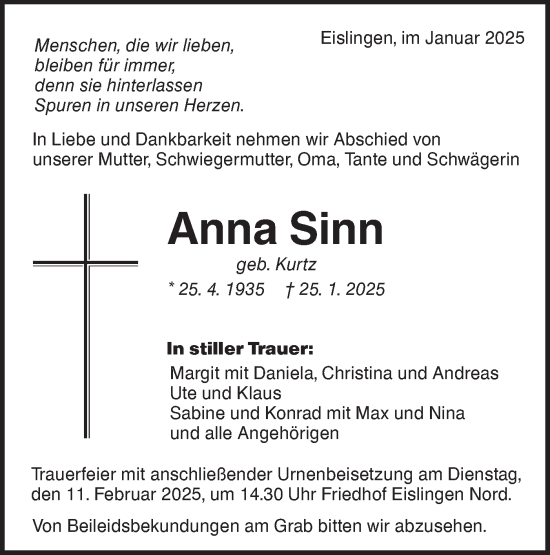Traueranzeige von Anna Sinn von NWZ Neue Württembergische Zeitung