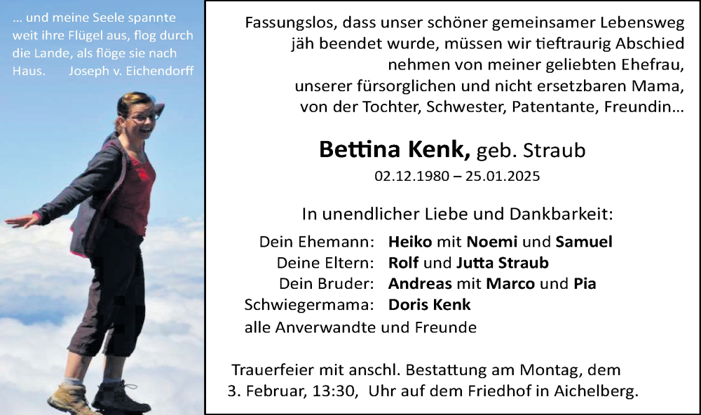  Traueranzeige für Bettina Kenk vom 01.02.2025 aus NWZ Neue Württembergische Zeitung