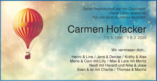 Traueranzeige von Carmen Hofacker von Hohenloher Tagblatt