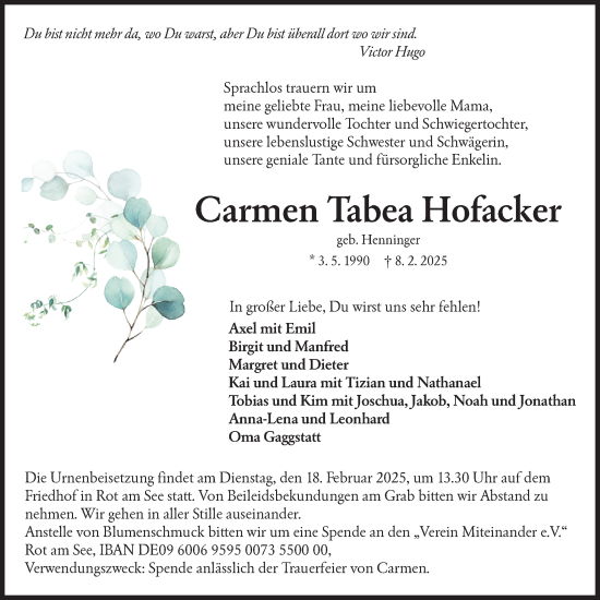 Traueranzeige von Carmen Hofacker von Hohenloher Tagblatt