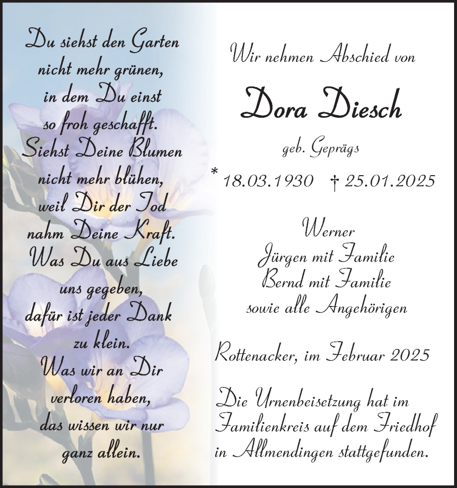  Traueranzeige für Dora Diesch vom 19.02.2025 aus Ehinger Tagblatt