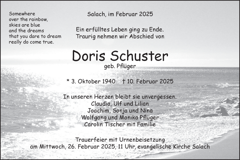  Traueranzeige für Doris Schuster vom 19.02.2025 aus NWZ Neue Württembergische Zeitung