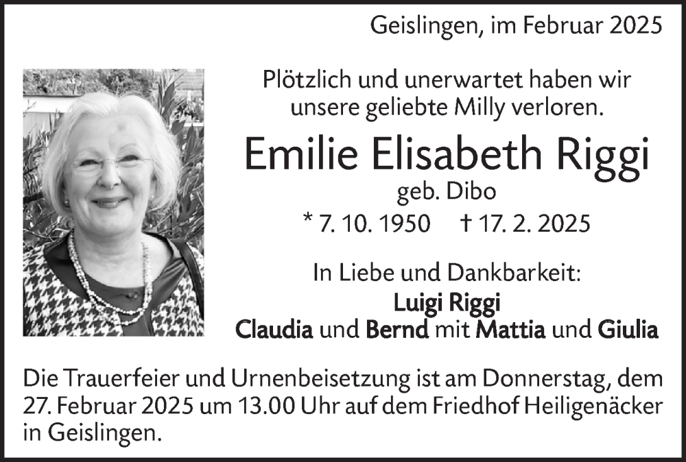  Traueranzeige für Emilie Elisabeth Riggi vom 22.02.2025 aus Geislinger Zeitung