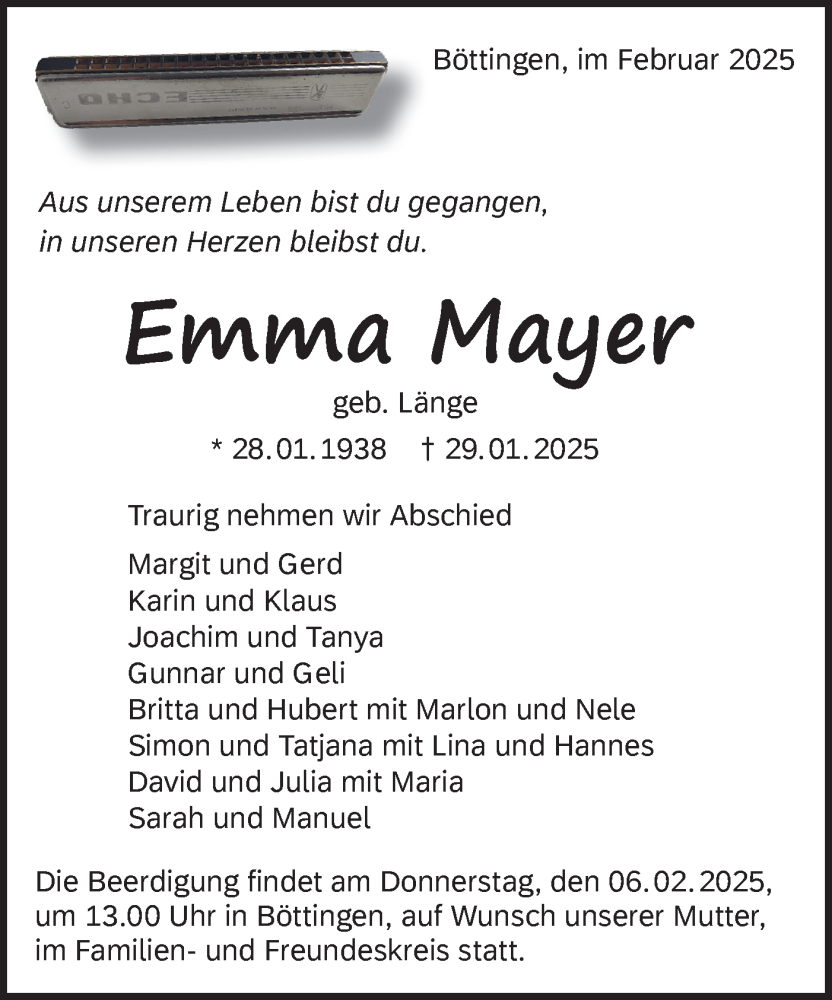  Traueranzeige für Emma Mayer vom 04.02.2025 aus Alb-Bote/Metzinger-Uracher Volksblatt