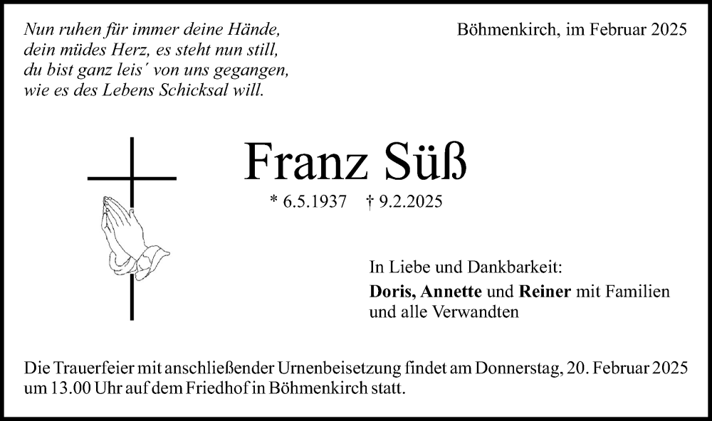  Traueranzeige für Franz Süß vom 17.02.2025 aus Geislinger Zeitung