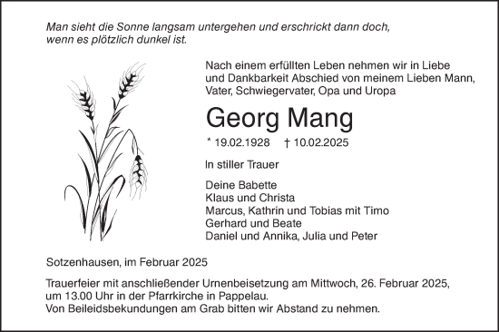 Traueranzeige von Georg Mang von SÜDWEST PRESSE Ausgabe Ulm/Neu-Ulm/Das Blaumännle