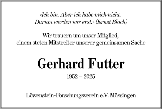Traueranzeige von Gerhard Futter von Schwäbische Tagblatt