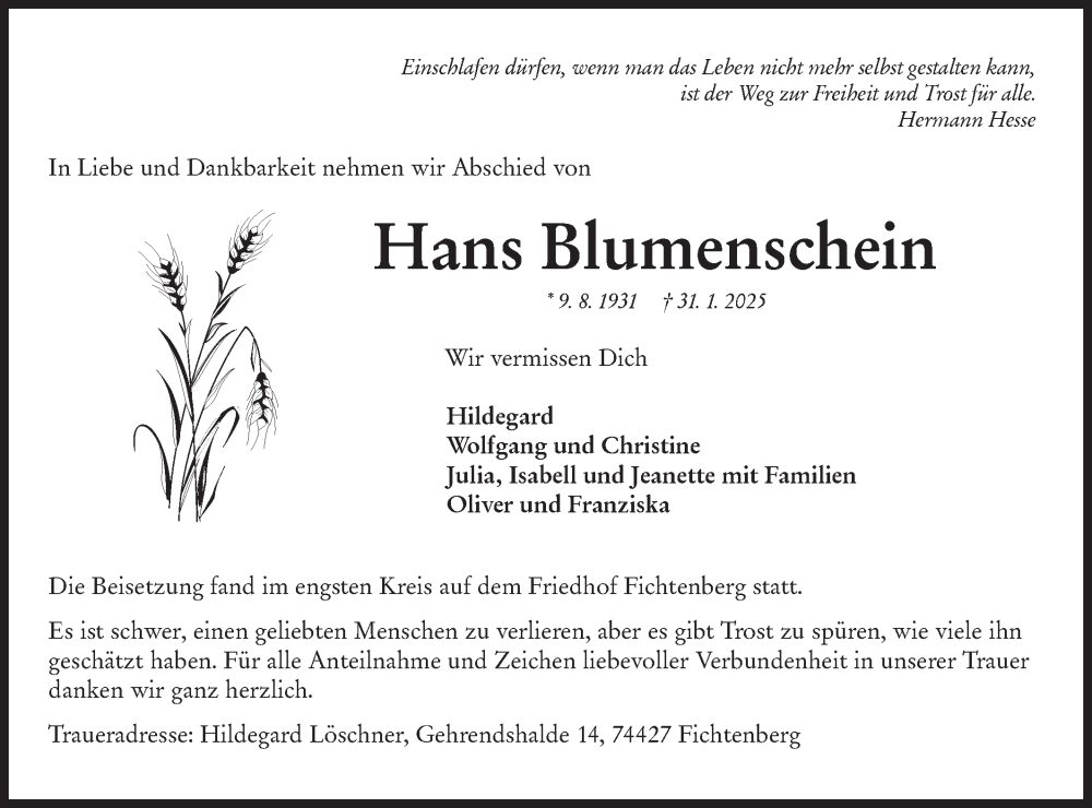  Traueranzeige für Hans Blumenschein vom 26.02.2025 aus Rundschau Gaildorf