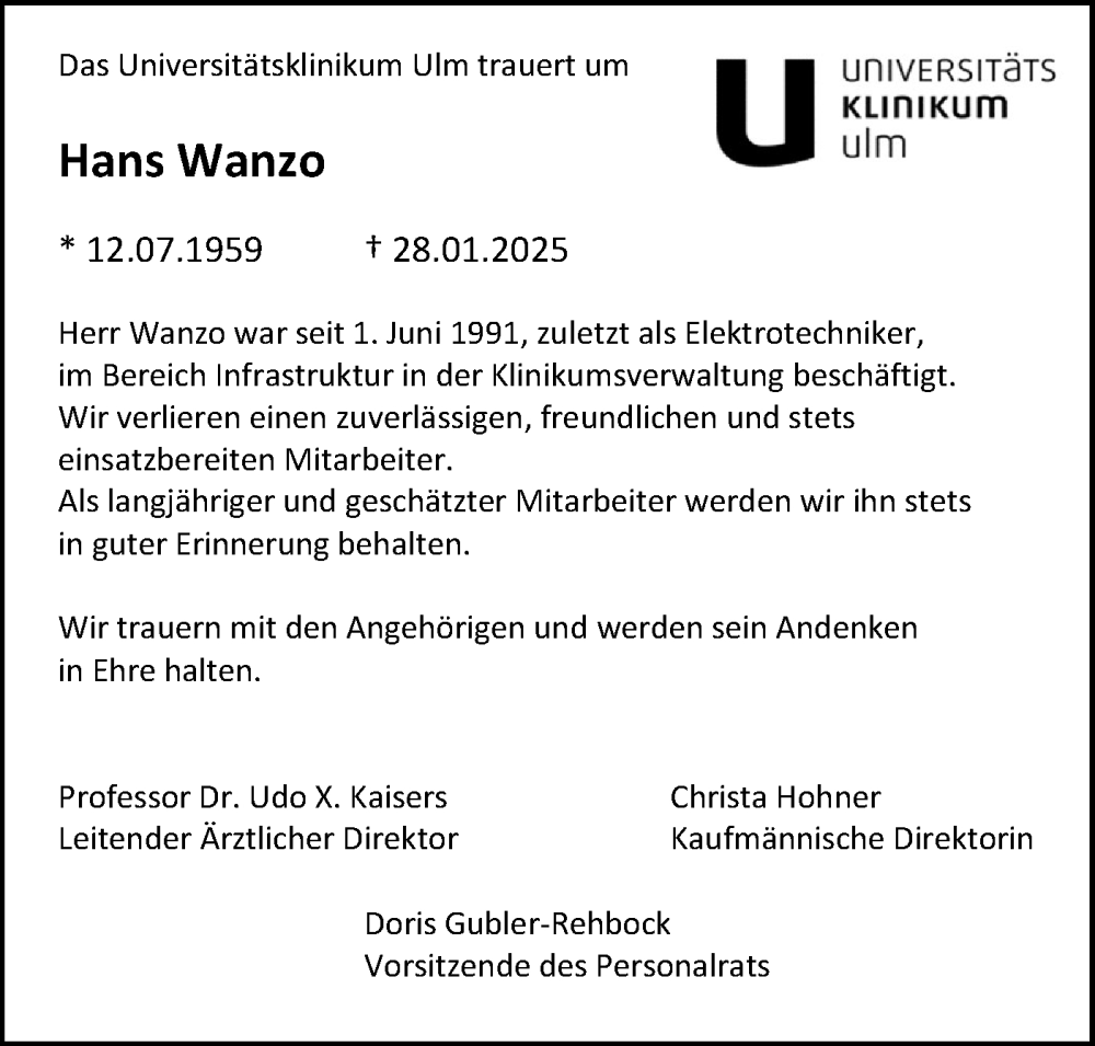  Traueranzeige für Hans Wanzo vom 19.02.2025 aus SÜDWEST PRESSE Ausgabe Ulm/Neu-Ulm