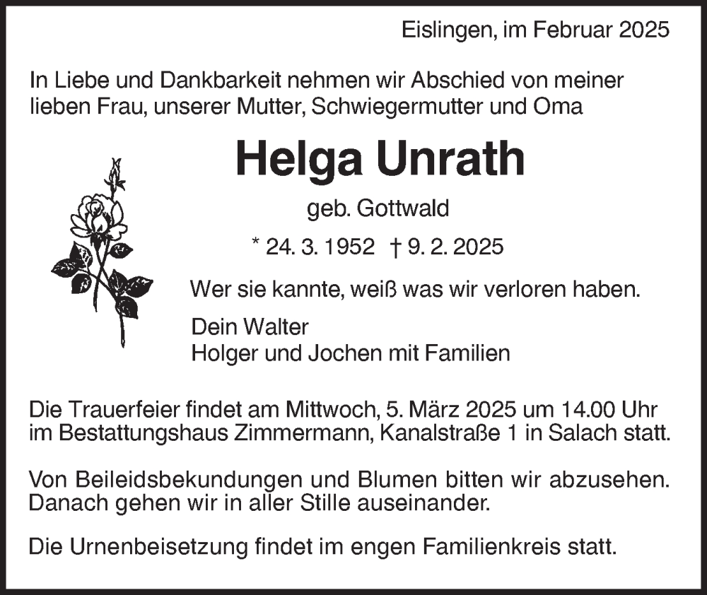  Traueranzeige für Helga Unrath vom 28.02.2025 aus NWZ Neue Württembergische Zeitung