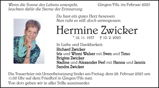 Traueranzeige von Hermine Zwicker von Geislinger Zeitung