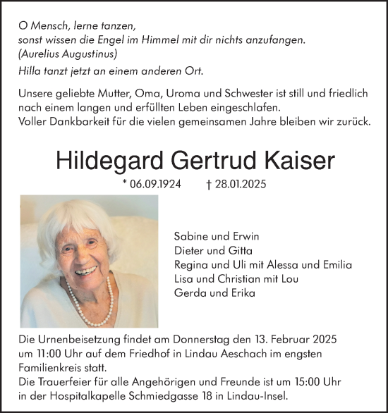 Traueranzeige von Hildegard Gertrud Kaiser von SÜDWEST PRESSE Ausgabe Ulm/Neu-Ulm