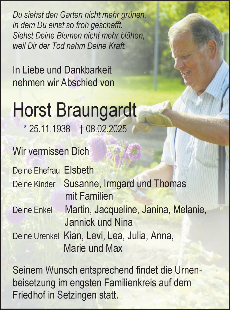  Traueranzeige für Horst Braungardt vom 15.02.2025 aus SÜDWEST PRESSE Ausgabe Ulm/Neu-Ulm