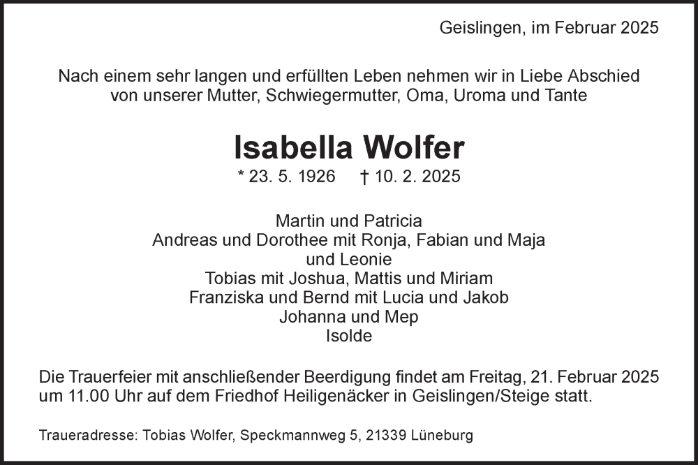  Traueranzeige für Isabella Wolfer vom 15.02.2025 aus Geislinger Zeitung